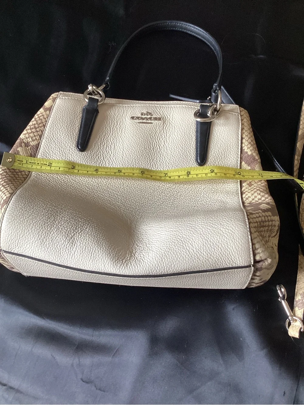 Coach Cream Leather Mini Satchel‎ with Brown Snake-Print Trim and Black Handles